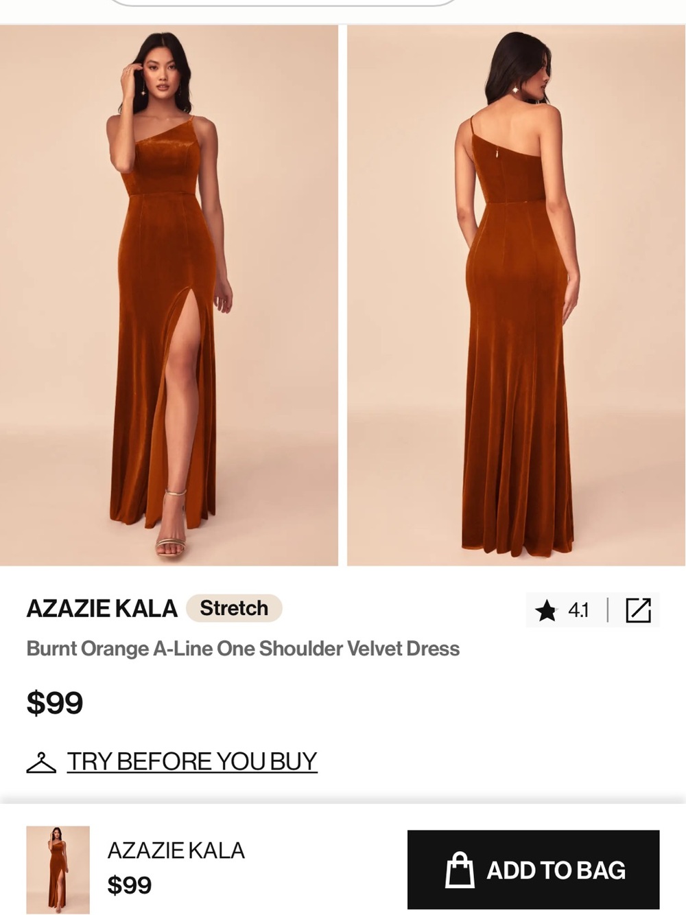 Azazie Burnt Orange One-Shoulder Velvet Gown